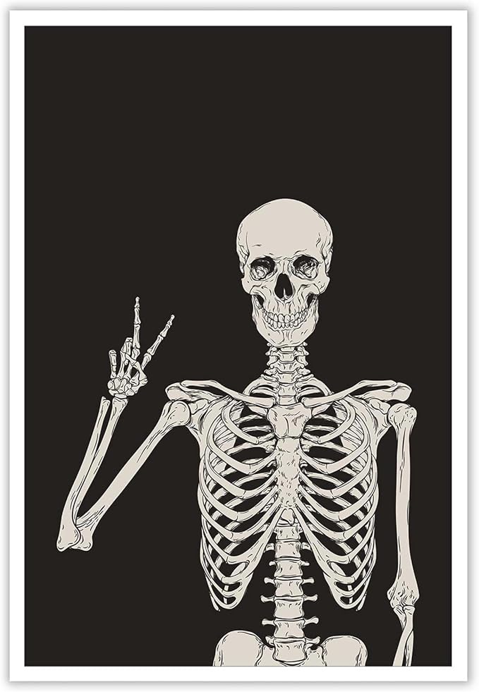 Funny Black Skeleton Canvas Wall Art Spooky Decor Halloween Poster High Hand Peace Print Bones Minimalist Background 12X16in Unframed
