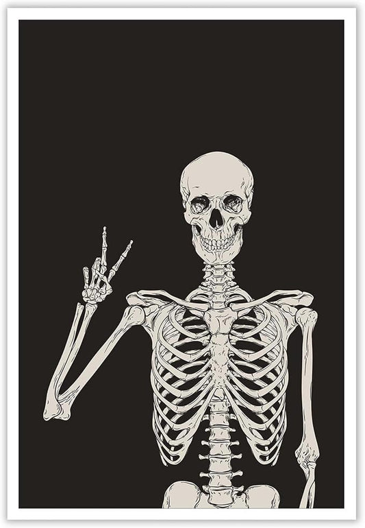 Funny Black Skeleton Canvas Wall Art Spooky Decor Halloween Poster High Hand Peace Print Bones Minimalist Background 12X16in Unframed