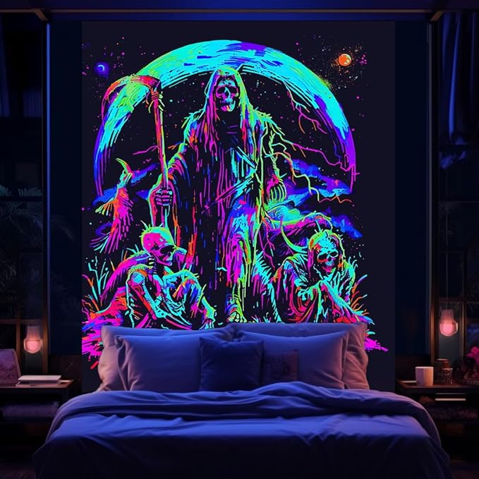 Blacklight Skull Tapestry, Trippy UV Grim Reaper Skeleton Poster, Gothic Sun Moon Tapestry for Bedroom, Neon Vertical Wall Hanging for Men Living Room Dorm Decor 40X60IN