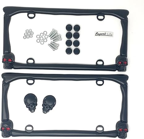 Skull Red Eyes in Flames License Plate Frame Set of 2 with 2pcs 3D Skull Metal Emblem Badge Sticker Decal (Black)