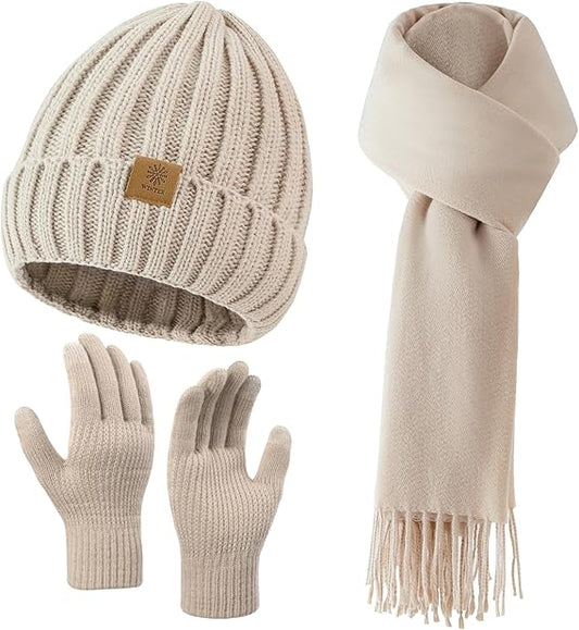 Winter Beanie Hat Scarf Gloves Set for Women, Warm Knit Skull Cap Long Scarf Touchscreen Fleece Lined Gloves 3 in 1 Set