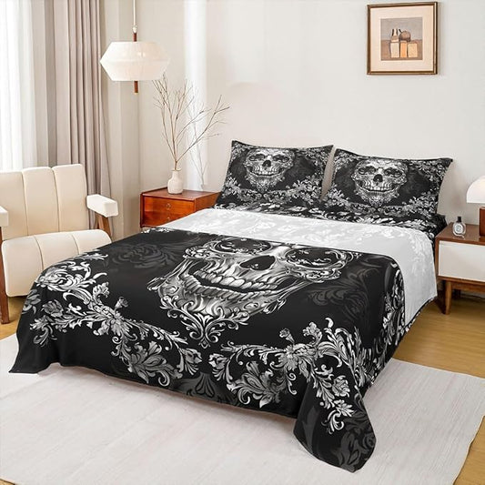 Sugar Skull Sheet Set King Size,Grey Floral Skeleton Halloween Bedding Set,Victorian Baroque Gothic Bed Sheet Set 4pcs with Deep Pocket Fitted + Flat + 2 Pillowcases,Kids Boys Girls Teens Room Decor