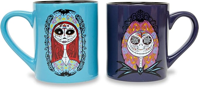 Nightmare Before Christmas Disney The Sugar Skulls Jack and Sally Ceramic Mugs, Set of 2 | BPA-Free Small Coffee Cups