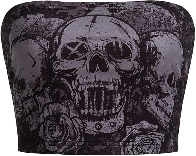 Women's Skull Floral Print Tube Crop Top Sleeveless Strapless Bandeau Y2K Tops