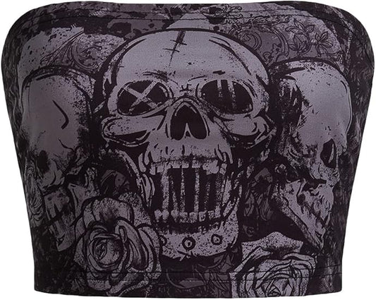 Women's Skull Floral Print Tube Crop Top Sleeveless Strapless Bandeau Y2K Tops