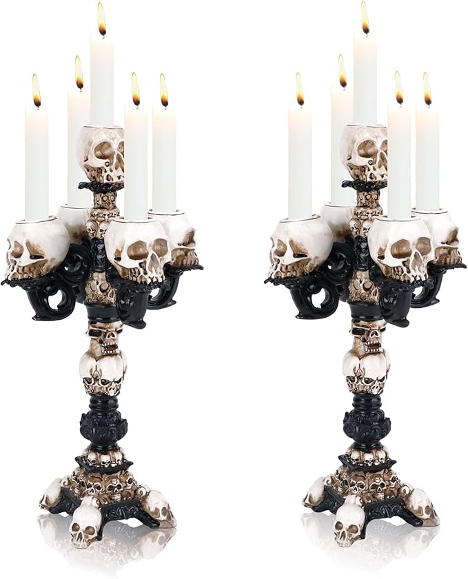 Skull Candle Holder for Halloween Decoration, Resin Gothic Skeleton Head Candlestick for Pillar Candle, Retro Spooky Desktop Tealight Cup for Christmas Home Office Party