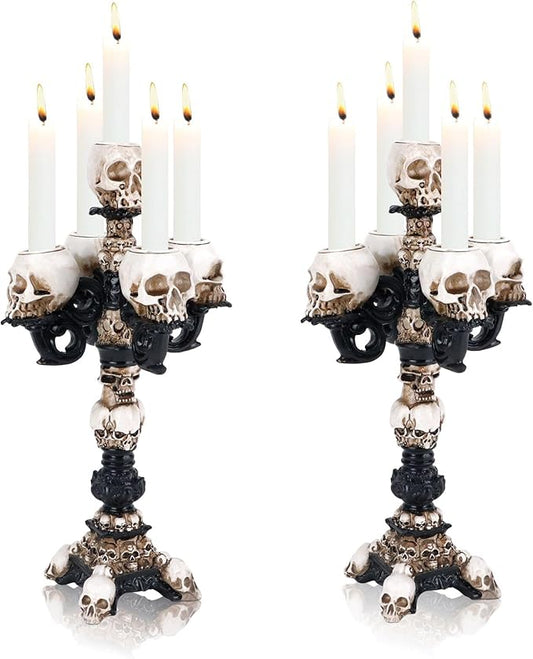 Skull Candle Holder for Halloween Decoration, Resin Gothic Skeleton Head Candlestick for Pillar Candle, Retro Spooky Desktop Tealight Cup for Christmas Home Office Party