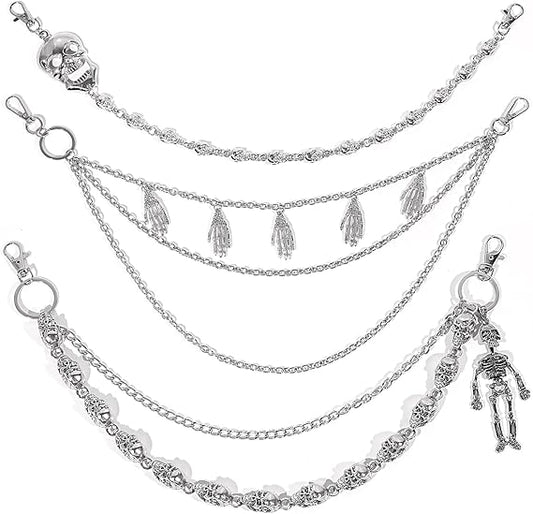 3 PCS Skull Pants Chain for Men Women Wallet Chains for Men Punk Trousers Pants Chains for Biker Heavy Skull Chain Belt Goth Accessories