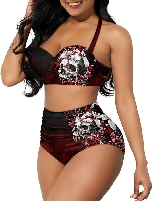 Women's Two Piece Swimsuit Sexy Tummy Control Bikini Sets High Waist Bathing Suits Ruched Ruffle Push Up for Women