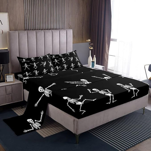 Erosebridal Sugar Skull Sheet Set King Size Skeleton Bones Bedding Set for Kids Boys Girls Teens Adult Halloween Horror Theme Fitted Sheet Gothic Spooky Bed Sheets 4 Pieces with 2 Pillow Cases