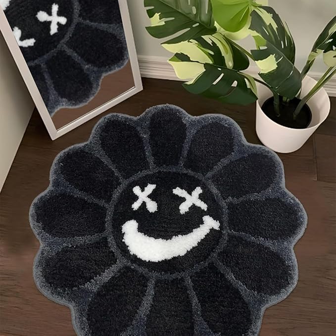 Trippy Happy Face Rug Cool Gothic Bedroom Rug Black Horror Skull Bath Mat 3.3FT Extra Large Soft Microfiber Quick Dry Bath Mats Non Slip Bathtub Shower Sink Floor Washable Carpet