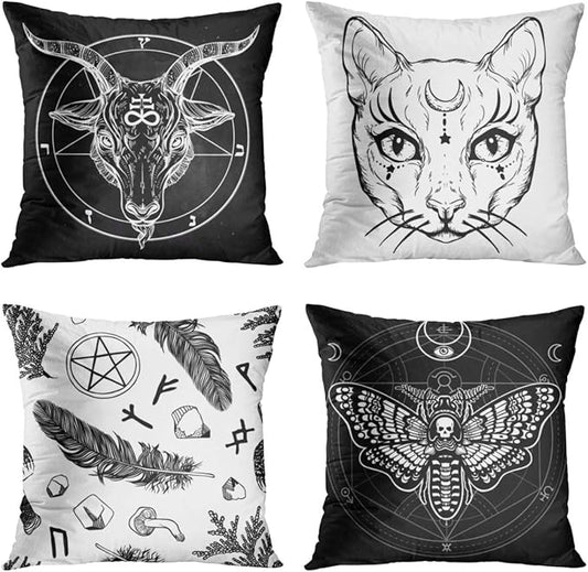 Britimes Throw Pillow Covers 18x18 Inches Home Decor Set of 4 Pillow Cases Decorative for Bed Sofa Cushion Couch Outdoor Capricorn Cat Feather Moth Gothic Pillowcases (Black and White)