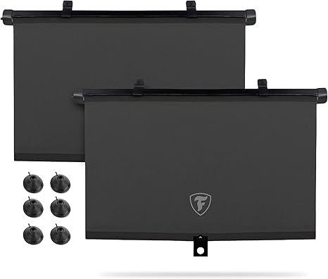Firestone 2 Pack Retractable Automotive Sunshade Car Window Sunshades - Blocks 99% UV Rays, Lightweight & Compact Car Side Window Shade with Automatic Retract Button, Blocks Glare & Heat, Black