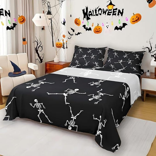 Erosebridal Sugar Skull Sheet Set Funny Skeleton Halloween Decorations,Cartoon Gothic Spooky Bone Bed Sheets Full Size,Black and White Fitted Sheet Horror Sci-Fi Halloween Decor