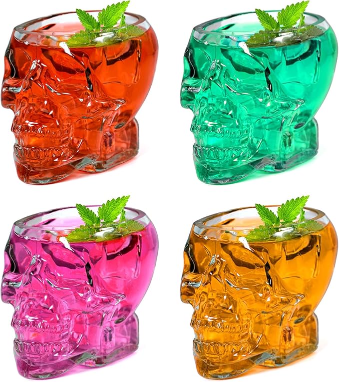 12oz Halloween Skull Glass Cup, 4Pcs Fun Wine Glass, Clear Skull Drinking Cup, for Cocktail Margarita Whiskey Juice, Halloween Party Decorations Gifts