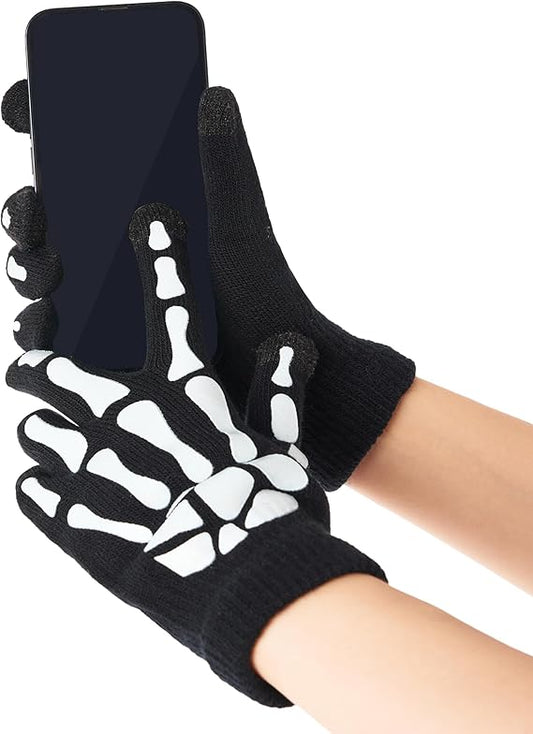 Skeleton Gloves with Touchscreen, Glow in the Dark Short Skeleton Gloves for Adults for Halloween Costume Accessory, Cosplay Party