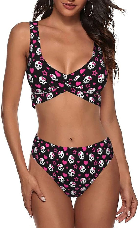Bikini Set for Women Two Piece Swimsuit Print Sexy High Waisted Swimwear V Neck Cheeky Bathing Suit