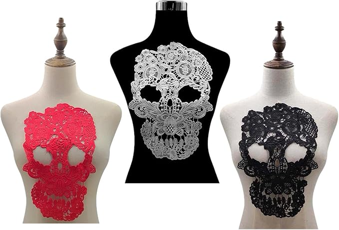 SuiGlory 3 PCS Skeleton Lace Applique, Lace Embroidered Skull Patches for Sewing Decor Dress Decoration