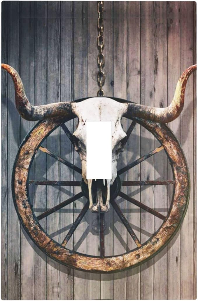 Antlers Bull Skull Single Toggle Light Switch Cover 1 Gang Decorative Wall Plate Electrical Switchplate Rustic Wood Faceplate for Barn Door Farmhouse Country Chalet Decora (Long Horned Animal)