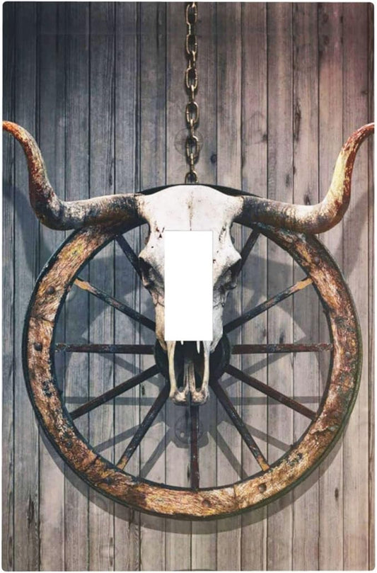 Antlers Bull Skull Single Toggle Light Switch Cover 1 Gang Decorative Wall Plate Electrical Switchplate Rustic Wood Faceplate for Barn Door Farmhouse Country Chalet Decora (Long Horned Animal)