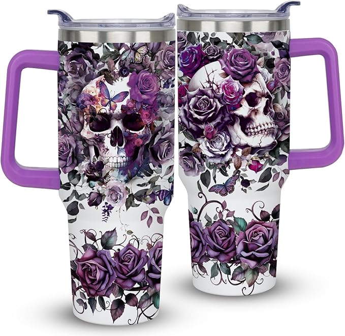 40oz Skull Goth Tumbler with Handle Gifts for Women Halloween Tumbler with Lid and Straw Horror Skeleton Stainless Steel Insulated Travel Coffee Cups