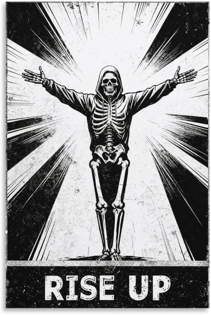 Vintage Motivational Rise Up Poster Black And White Funny Skull Print for Room Style 12x18inch(30x45cm)