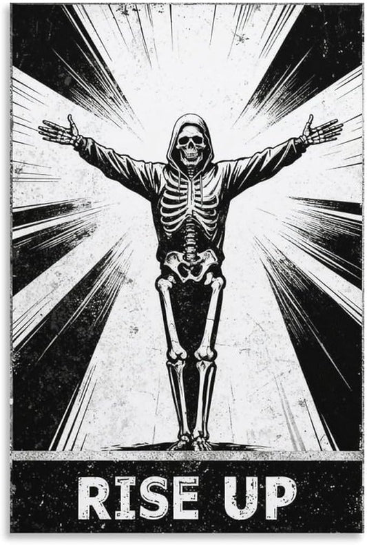 Vintage Motivational Rise Up Poster Black And White Funny Skull Print for Room Style 12x18inch(30x45cm)