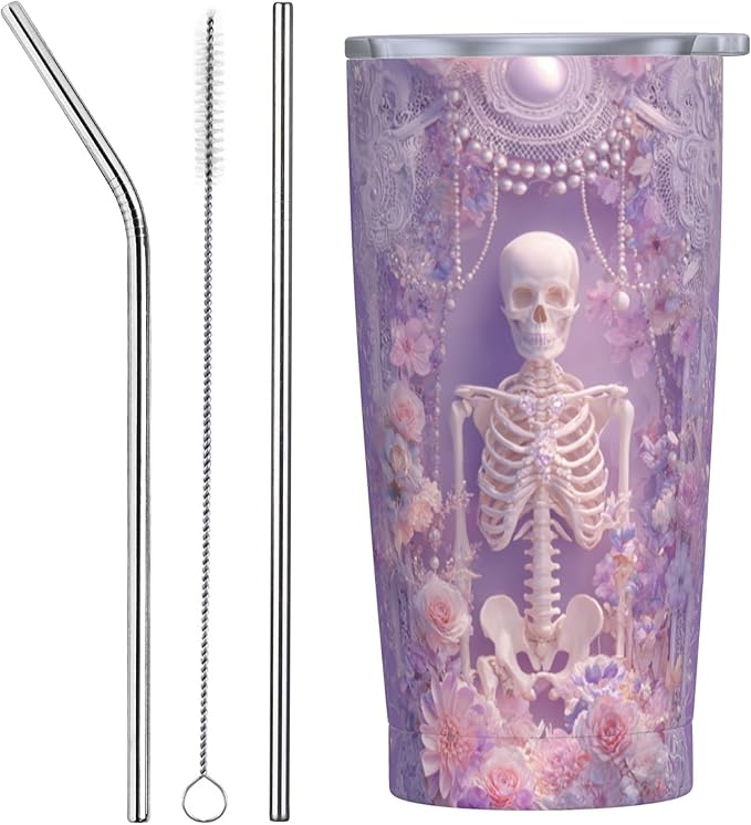 Skull Tumbler with Lid and Straw 20oz Vacuum Insulated Coffee Cup Stainless Steel Tumblers Leakproof Travel Mug Present for Women Men