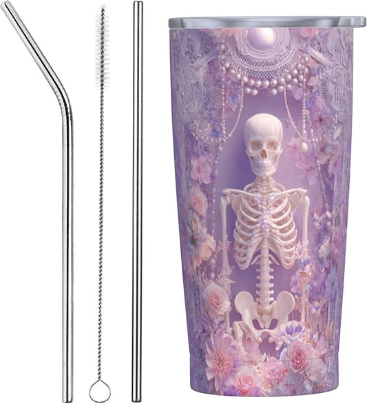 Skull Tumbler with Lid and Straw 20oz Vacuum Insulated Coffee Cup Stainless Steel Tumblers Leakproof Travel Mug Present for Women Men