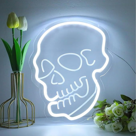 ENUOLI Skull Neon Sign, White Ghost Dimmable LED Night Light, USB Powered, 10.24" x 13" Wall Decor for Bedroom, Halloween, Man Cave, Game Room