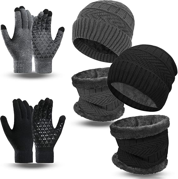 6 Pieces Winter Beanie Hat Scarf Gloves Set for Men and Women,Knitted Skull Cap Winter Hat Touchscreen Gloves Neck Warmer