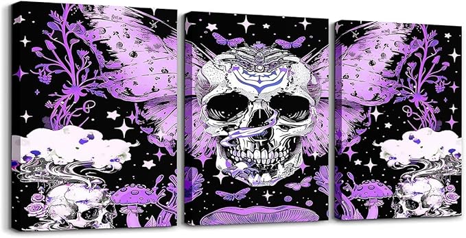 Feelyou Purple Halloween Canvas Wall Art for Bedroom Butterfly Picture Wall Decor 12"x16"x3 Piece Goth Sugar Skull Cute MushHorror Office Wall Decor Artwork Posters Set Glitter Wall Painting