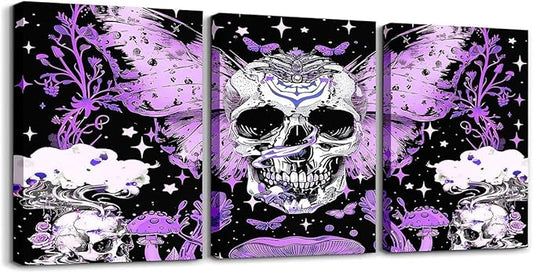 Feelyou Purple Halloween Canvas Wall Art for Bedroom Butterfly Picture Wall Decor 12"x16"x3 Piece Goth Sugar Skull Cute MushHorror Office Wall Decor Artwork Posters Set Glitter Wall Painting