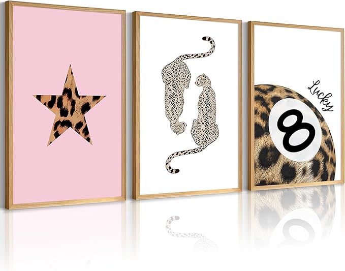 Leopard Wall Art Cheetah Canvas Prints Lucky 8 Ball Wall Decor Fashion Leopard Poster Aesthetic Pictures Trendy Cheetah Painting Preppy Artwork for Living Room Bedroom 16x24 Inch Unframed Set of 3