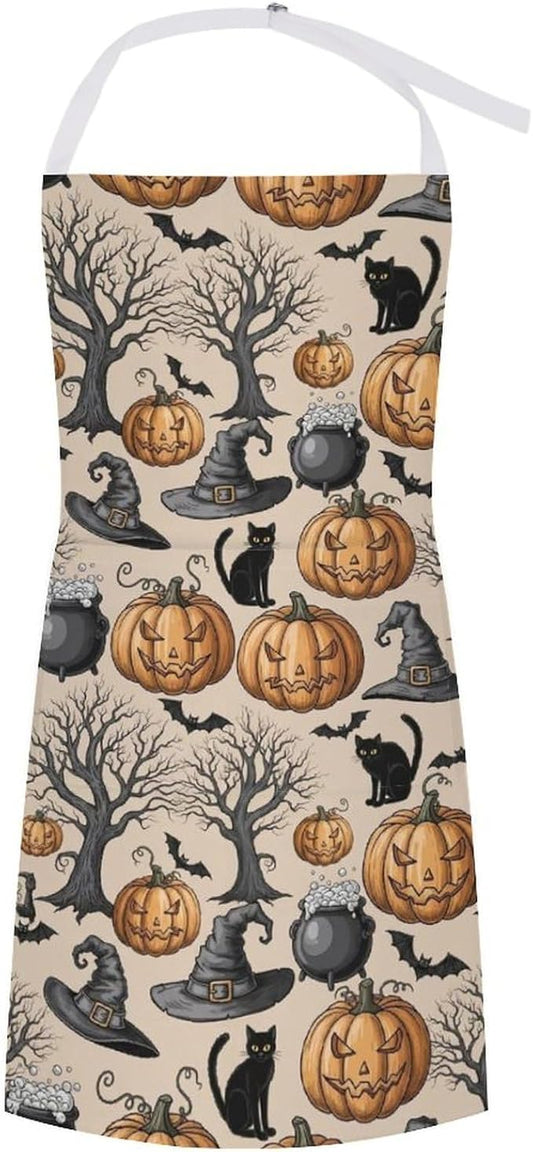 Durable Polyester Chef Kitchen Apron Water Resistant Kitchen Apron with Roomy Pocket - Happy Halloween Bat Pumpkin Skull Witch Black Cat for BBQ Kitchen, Holidays Machine Washable