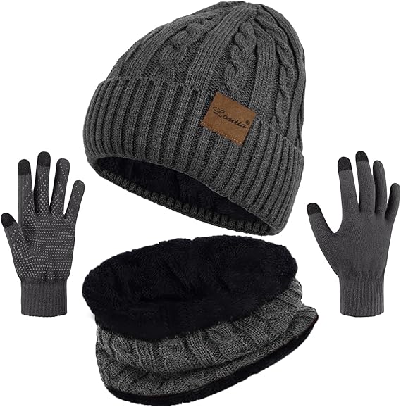 3 Pieces Winter Hats for Women Scarf Touch Screen Gloves Set Thick Warm Fleece Lined Beanie Hat Gifts