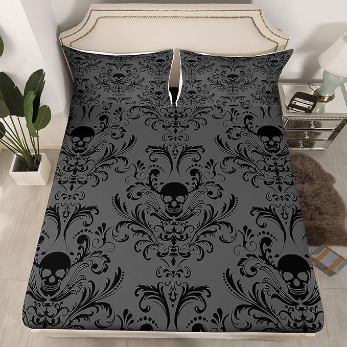 Adults Black Damask Bed Sheets Antique Victorian Baroque Fitted Sheet Full Size Gothic Vintage Floral Sheets Exotic Sugar Skull Bed Set Full,Gothic Bone Skeleton Bohemian Decor,Grey