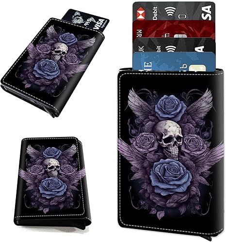 Aluminum Auto Pop Up Wallet Case Credit Card Holder For Women Men Girl, Leather Card Case Front Pocket Trifold Wallet with RFID Blocking Banknote Slot Slim Wallet Women, Purple Flower And Skull