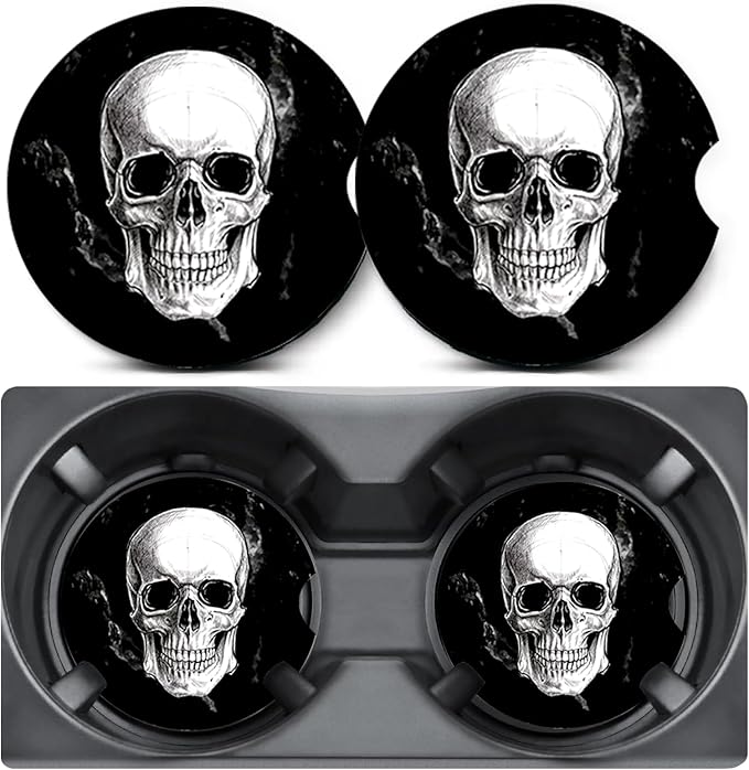 2 Pack Car Coasters for Cup Holders,Black and White Skull Head Car Cup Holder Coasters,2.75" Universal Size Anti Slip Rubber Mat,Car Interior Accessories for Women Men Mom