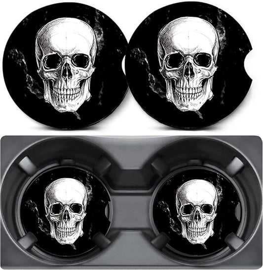 2 Pack Car Coasters for Cup Holders,Black and White Skull Head Car Cup Holder Coasters,2.75" Universal Size Anti Slip Rubber Mat,Car Interior Accessories for Women Men Mom