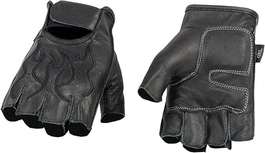 SH198 Men's Black Leather Gel Padded Palm Fingerless Motorcycle Gloves w/Orange Flame Embroidery