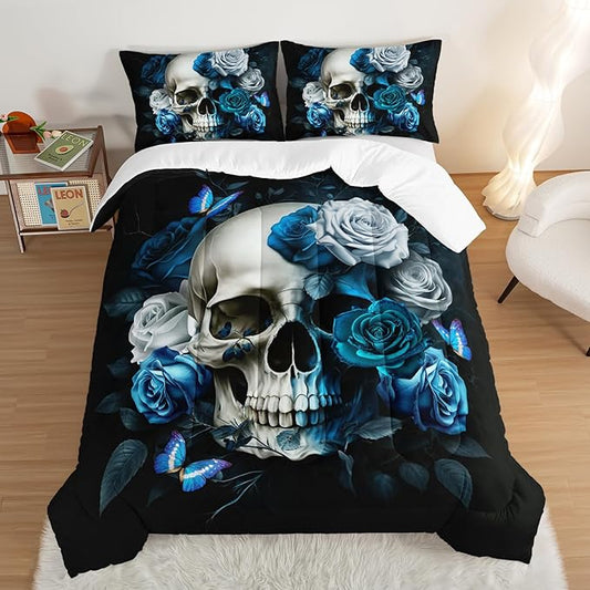 Skull Gothic Bedding Set Full Size,Blue Rose Flower Comforter for Kids Boys Girls Home Decor,Halloween Horror Themed Bedding Set with 2 Pillowcases.