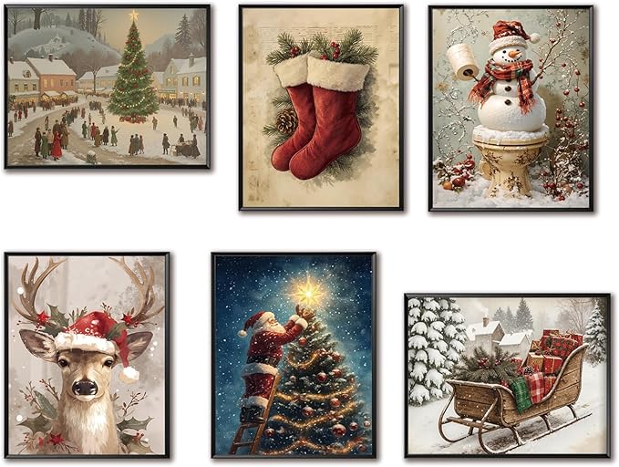 Yaneiro Vintage Christmas Wall Art, Christmas Aesthetic Home Decor 8x10 Inch, Santa Art Oil Painting, Winter Holiday Canvas Printed Posters Set Of 6 Unframed Christmas Tree Decorations