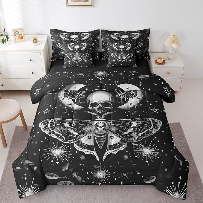Erosebridal Skull Moth Full Bedding Set,Gothic Skull Comforter Set 7 Piece Moon and Stars Room Decor,Goth Bed in a Bag for Kids Boys Girls,Starry Night Bed Set with Fitted+Flat Sheet,Pillowcases