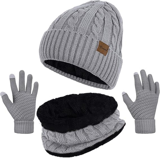 Womens Beanie Hat Scarf Touch Screen Gloves Set for Women Warm Knit Fleece Lined Skull Caps Neck Warmer Gifts