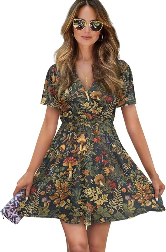 Women's Summer Short Sleeve Dress Wrap V Neck Ruffle Dresses A Line Mini Dress Wedding Guest Dresses