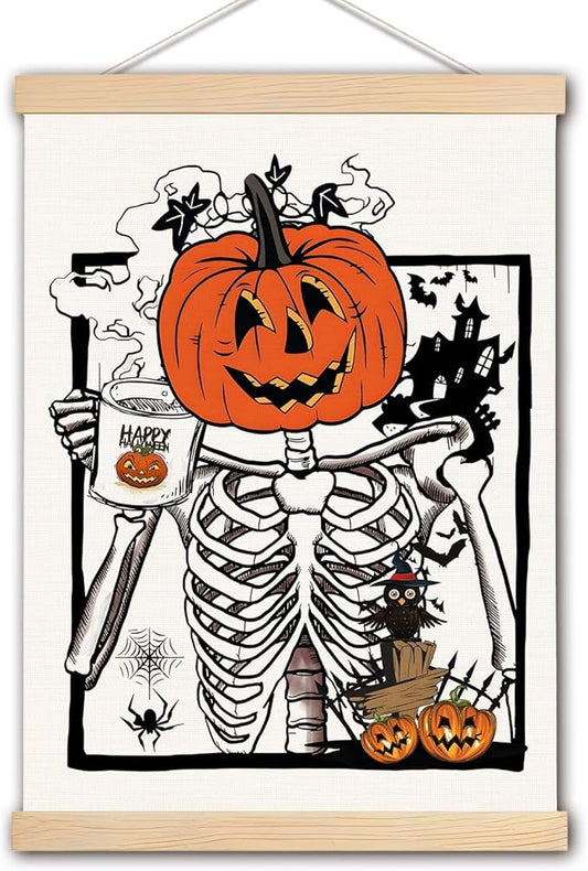 DNEULYR Halloween Goth Coffee Canvas Wall Art, Gothic Pumpkin Skeleton Wall Decor, Halloween Coffee Bar Decor, Spooky Skull Pumpkin Drink Prints Poster for Home Kitchen Cafe, 12x16 Inches