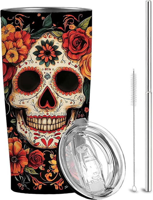 Sugar Skull Rose 20 oz Tumbler, Insulated Stainless Steel, Day of the Dead Halloween Travel Mug, Sugar Skull Gifts for Women & Men, Spooky Witchy Hot & Cold Drink Cup for Christmas & Birthday
