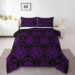 Kids Vintage Jacquard Bedding Set Twin Size Damask Floral Duvet Quilt for Boys Girls Bedroom Decor Skull Exotic Floral Comforter Set Breathable Soft Microfiber Black Dark Purple With 1 Pillow Case