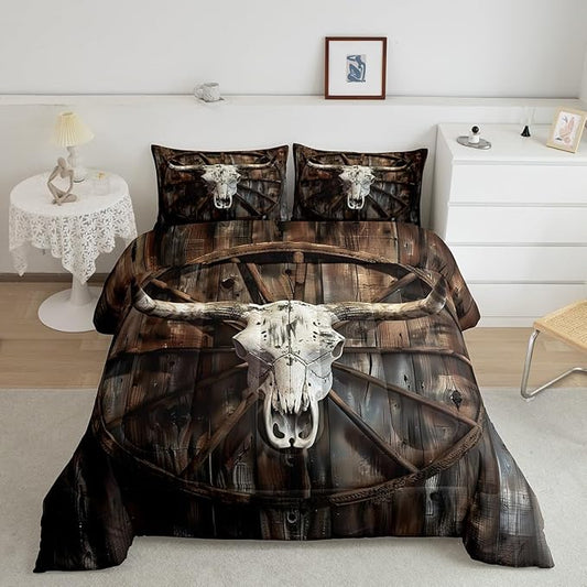 Erosebridal Cow Skull Comforter King Animal Skeleton Bedding Set, Vintage Farmhouse Down Comforter Retro Old Barn Door Bed Set, Brown Quilted Duvet Lightweight with 2 Pillowcase